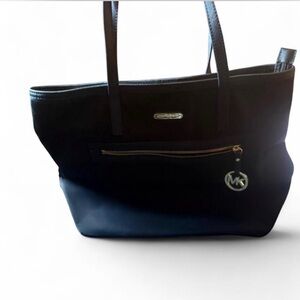 Michael Kors Black Nylon Tote Bag Gold Hardware MK Charm Large Shoulder Work Bag